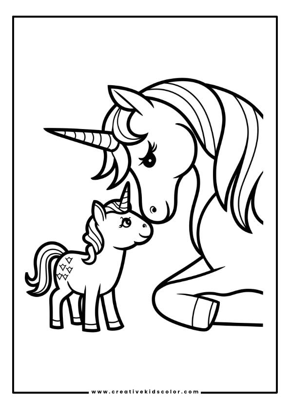 Einhorn Ausmalbild Mit Einem Großen Einhorn, Das Ein Kleines Einhorn Sanft Anstupst, Beide Mit Liebevollen Ausdrücken.

