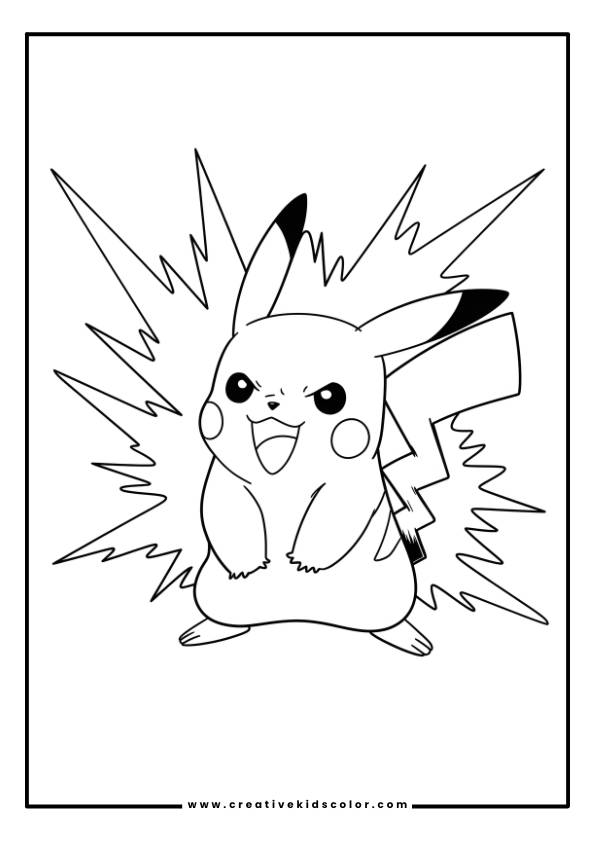 Pokémon Ausmalbild Mit Pikachu In Einer Dynamischen Pose, Umgeben Von Elektrischen Blitzen.
