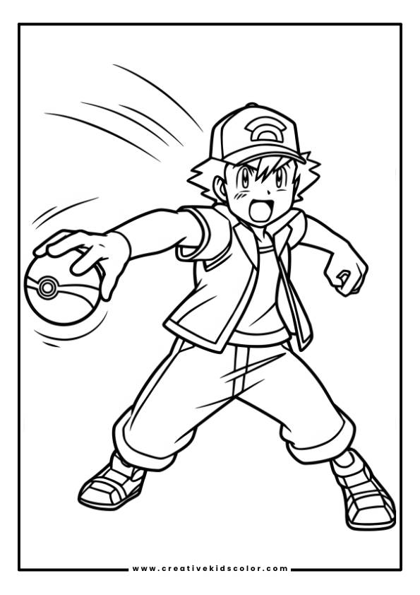 Pokémon Ausmalbild Mit Einem Jungen Mit Kappe, Der Einen Pokéball Wirft, In Einer Dynamischen Bewegung.
