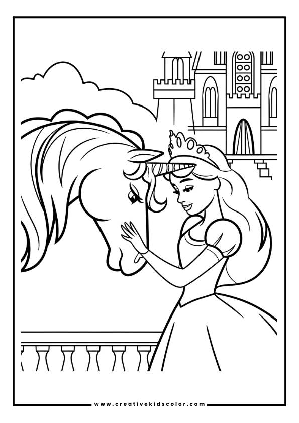 Einhorn Ausmalbild Mit Einer Prinzessin Und Einem Majestätischen Einhorn Vor Einem Schloss, In Einer Märchenhaften Szene.
