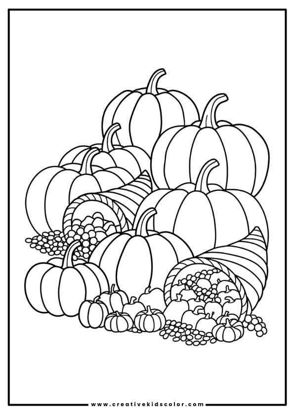 Pumpkins And Cornucopia Thanksgiving Coloring Page