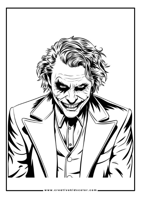 The Realistic Joker Coloring Page Presents A Highly Detailed Black-And-White Illustration Of The Character, With A Menacing Grin And Intense Eyes. His Wild Hair And Formal Suit Add To The Dramatic And Chaotic Tone Of This Striking Artwork.