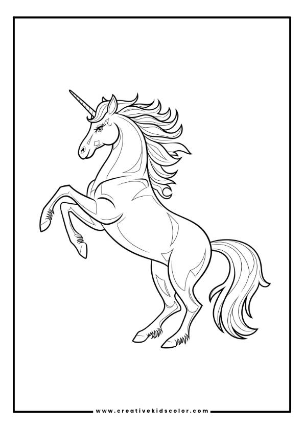 Realistisches Einhorn Ausmalbild Mit Einem Sich Aufbäumenden Einhorn Mit Fließender Mähne Und Detaillierten Merkmalen, Vor Einem Schlichten Hintergrund.
