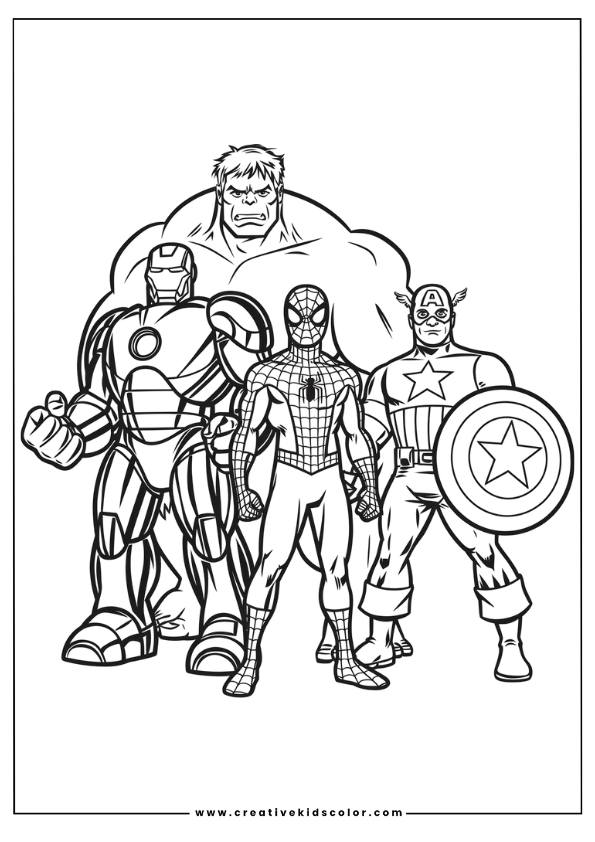 Spiderman Ausmalbild Mit Spiderman, Iron Man, Hulk Und Captain America, Die Kampfbereit Nebeneinander Stehen.

