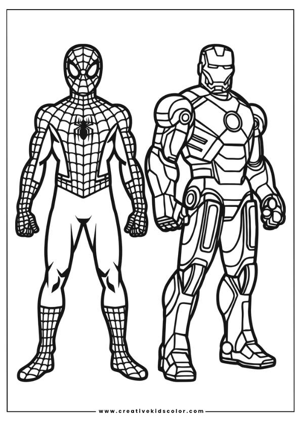 Spiderman Ausmalbild Mit Spiderman Und Iron Man, Die Nebeneinander Stehen Und Ihre Anzüge Betonen.
