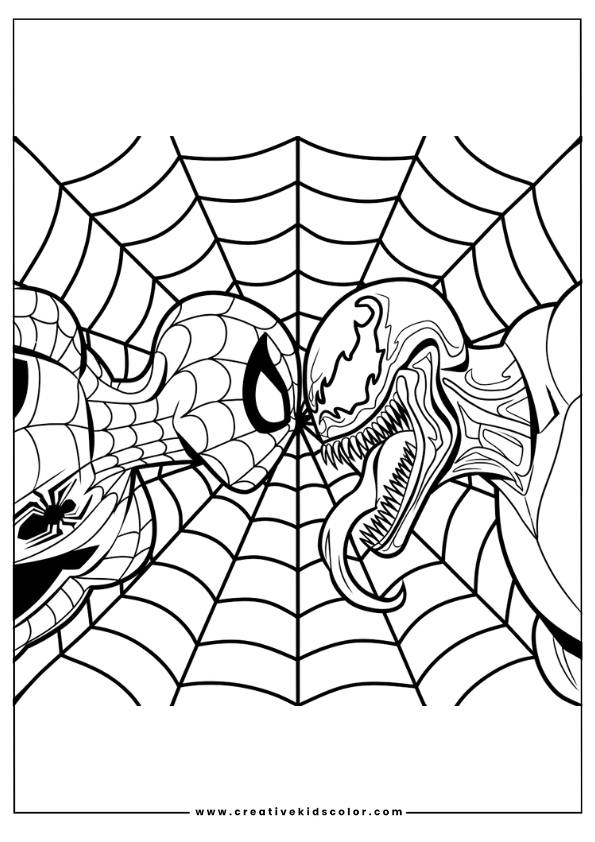 Spiderman Ausmalbild Mit Spiderman Und Venom, Die Sich Gegenüberstehen, Mit Einem Spinnennetz Im Hintergrund.

