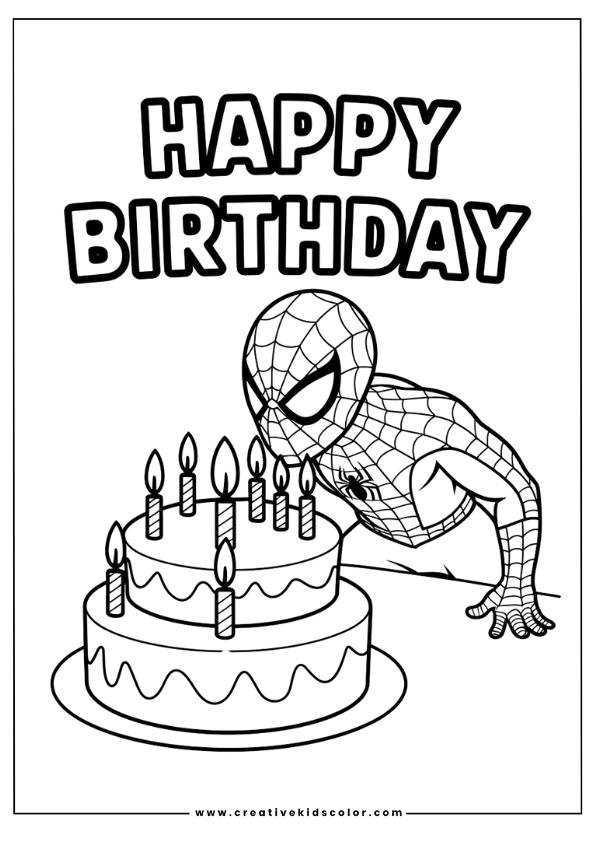 Spiderman Ausmalbild Mit Spiderman, Der Sich Über Eine Geburtstagstorte Lehnt Und Kerzen Ausbläst.
