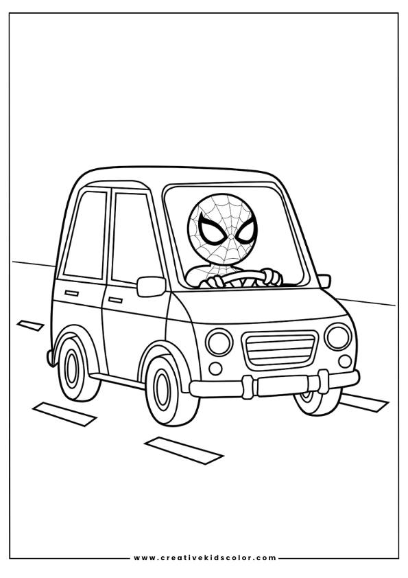 Spiderman Ausmalbild Mit Spiderman, Der Ein Auto Fährt, Das Ein Spinnennetz-Muster Auf Der Windschutzscheibe Hat.
