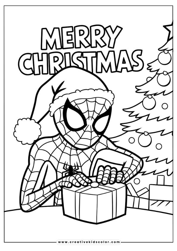 Spiderman Ausmalbild Mit Spiderman, Der Eine Weihnachtsmütze Trägt Und Ein Geschenk Unter Dem Weihnachtsbaum Öffnet.
