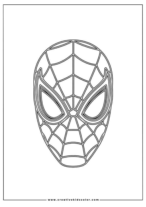Spiderman Ausmalbild Mit Einer Maske, Einem Netzmuster Und Großen, Ausdrucksstarken Augen.
