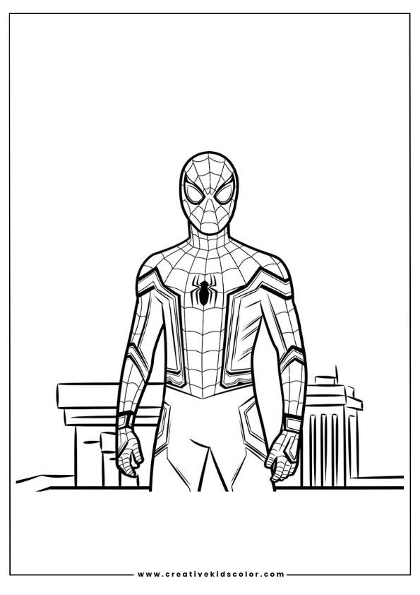 Spiderman Ausmalbild Mit Spiderman In Heroischer Haltung Mit Einer Stadtsilhouette Im Hintergrund.
