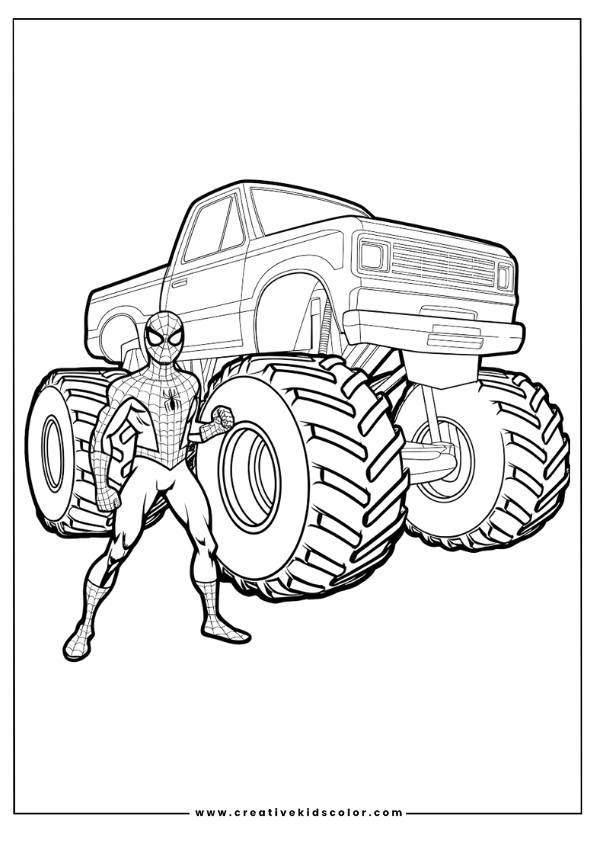 Spiderman Ausmalbild Mit Spiderman, Der Neben Einem Riesigen Monstertruck In Seinem Anzug Steht.
