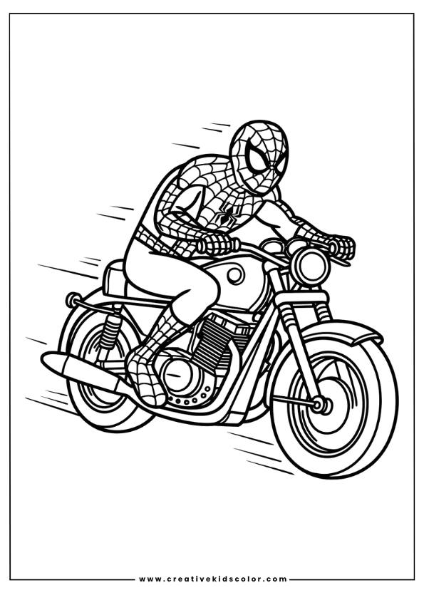 Spiderman Ausmalbild Mit Spiderman, Der Ein Detailliertes Motorrad Fährt, In Seinem Netzanzug.
