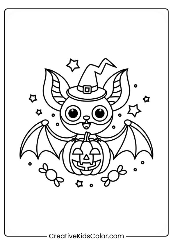 Spooky, A Cute Bat Wearing A Witch Hat, Is Holding A Jack-O-Lantern. Surrounded By Stars And Candies, Spooky Creates A Playful And Fun Halloween Atmosphere. The Simple Lines Make It Perfect For Coloring.