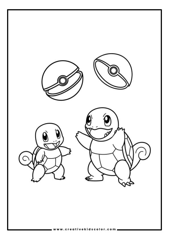 Pokémon Ausmalbild Mit Zwei Schiggy, Eines Stehend Und Eines Auf Allen Vieren, Mit Pokébällen Über Ihnen.
