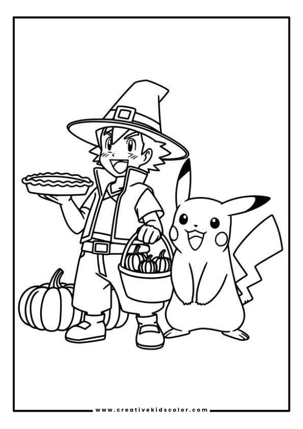 Pokémon Ausmalbild Mit Einem Jungen Mit Zaubererhut, Der Eine Torte Hält, Während Pikachu Neben Einem Großen Kürbis Steht.
