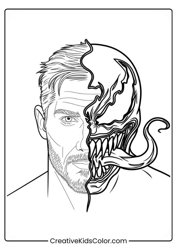 This &Quot;Tom Hardy Venom Coloring Page&Quot; Features A Striking Split-Face Design, With One Side Showing Actor Tom Hardy And The Other Side Transforming Into Venom’s Monstrous Form. The Detailed Contrast Between Hardy’s Human Features And Venom’s Sharp Teeth, Long Tongue, And Alien-Like Appearance Makes For A Dynamic And Visually Captivating Image. This Coloring Page Captures The Duality Of The Character, Offering A Unique And Creative Challenge For Fans.