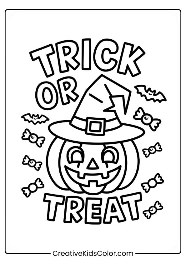 A Smiling Jack-O-Lantern Wearing A Witch Hat Is At The Center With The Words &Quot;Trick Or Treat&Quot; Above And Below It. The Scene Is Surrounded By Bats And Candies, Creating A Festive Halloween Vibe. The Simple Design Makes It Perfect For Coloring.