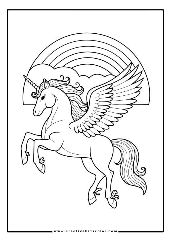 Einhorn Ausmalbild Mit Einem Geflügelten Einhorn, Das Durch Den Himmel Fliegt, Mit Einem Regenbogen Im Hintergrund.
