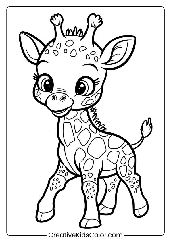 Baby Giraffe Learning To Walk In An Adorable Coloring Page, Ideal For Kids Fascinated By Baby Animals.
