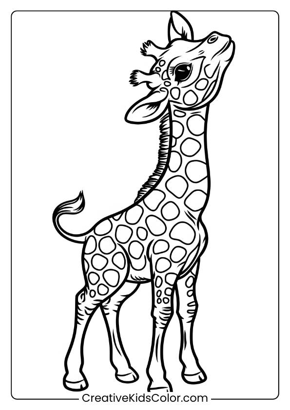 Baby Giraffe Stretching In An Engaging Coloring Page, Great For Exploring Movement In Animals.