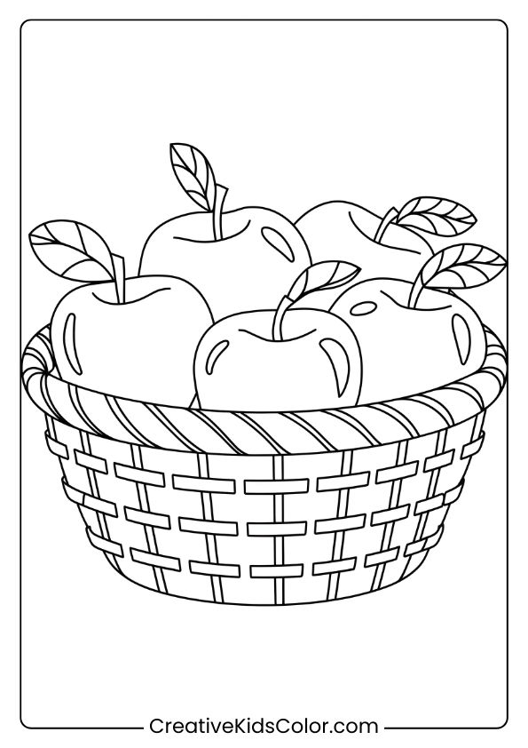This Coloring Page Shows A Basket Full Of Shiny Gala Apples, Arranged With A Leaf On Each, Ready For Coloring Fun.
