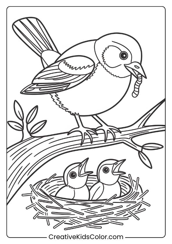 A Bird Gathering Food For Chicks In A Nest, Ideal For An Educational Bird Coloring Page For Kids.