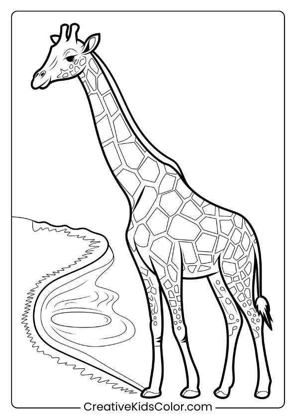 Relaxed Giraffe By A Watering Hole In A Soothing Coloring Page, Great For Quiet Time Coloring.