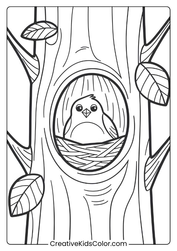 A Bird Nesting In A Hollow Tree, Ideal For A Simple And Serene Bird Coloring Page For Kids.