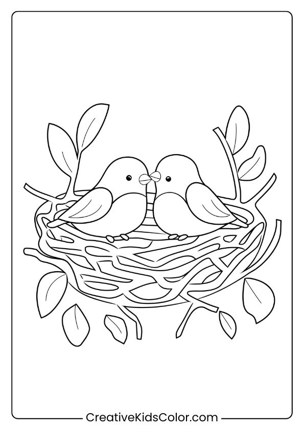 Two Birds Sitting Together In A Nest, Perfect For A Peaceful And Nature-Themed Bird Coloring Page.