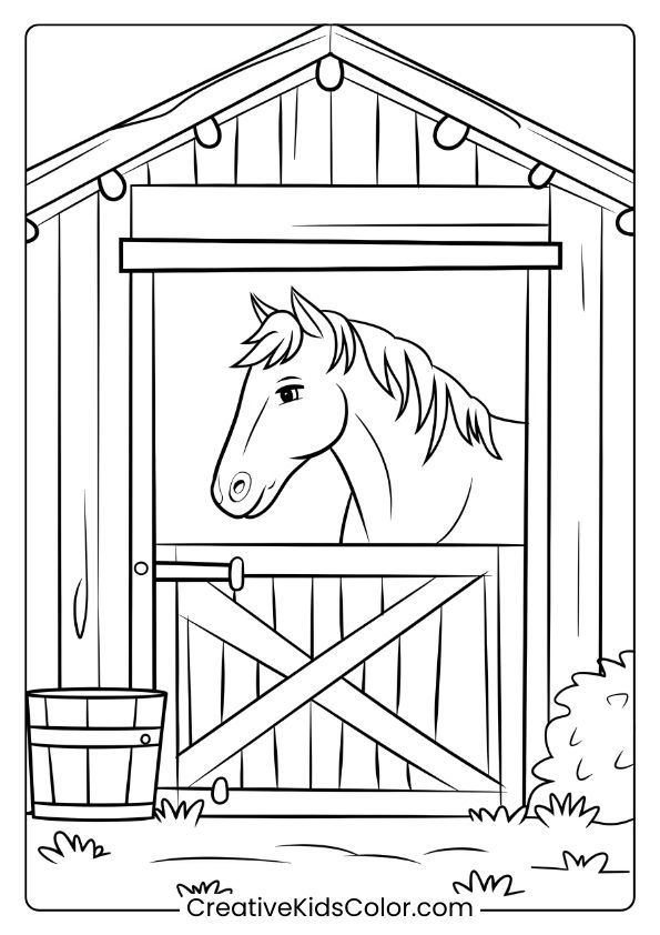 A Rustic Farm Horse In A Barn, Perfect For A Countryside Coloring Page.