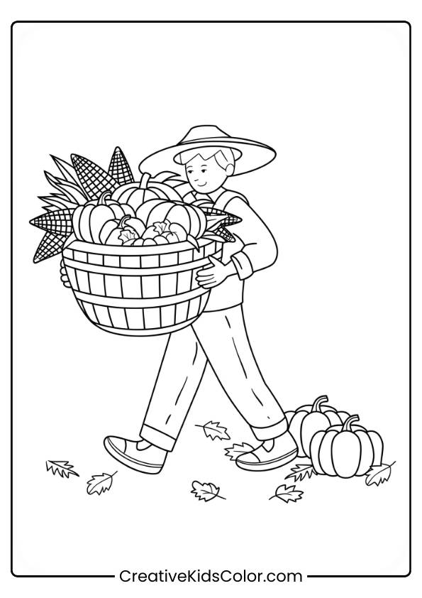 A Farmer Bringing In The Fall Harvest, Depicted In This Seasonal Coloring Page.