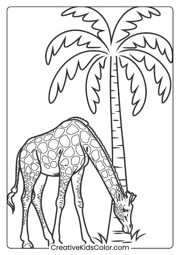Giraffe By A Palm Tree In A Tropical Coloring Page, Ideal For Kids Who Love Exotic Landscapes.
