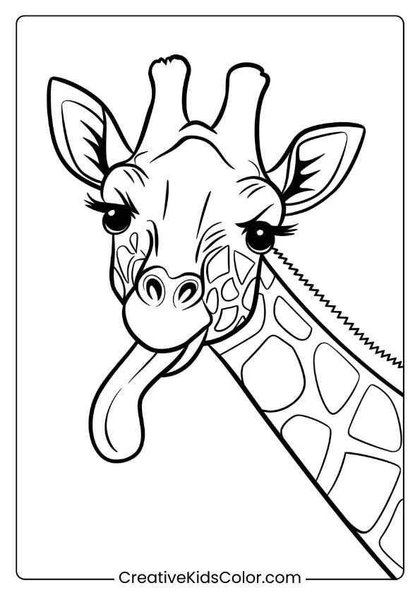 Giraffe Licking Its Nose In A Funny Coloring Page, Ideal For Children Who Enjoy Silly Animal Moments.