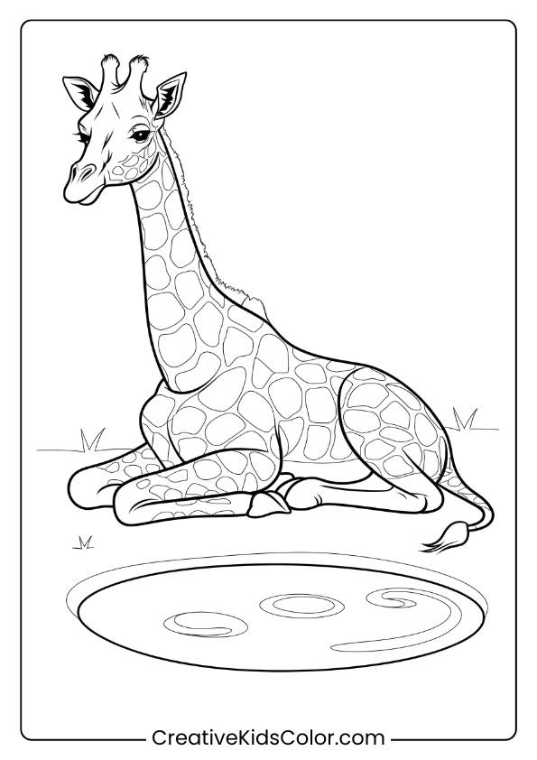 Giraffe Resting By A Pond In A Tranquil Coloring Page, Ideal For Calming And Peaceful Coloring.