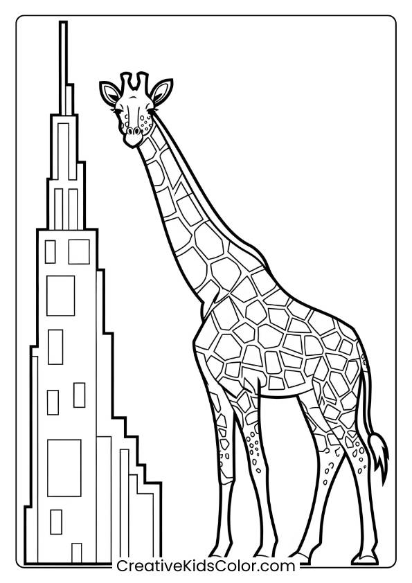 Giraffe By A Tower In A Playful Coloring Page, Great For Kids Who Enjoy Unique And Fun Illustrations.