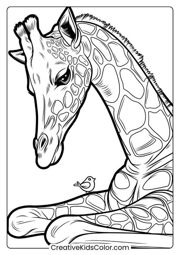 Giraffe And Bird In A Calm Coloring Page, Perfect For Those Who Love Serene Nature Scenes.