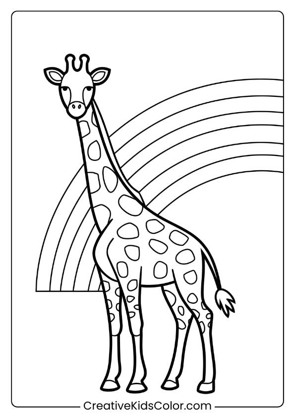 Giraffe With A Rainbow In A Delightful Coloring Page, Ideal For Bright And Happy Coloring Sessions.