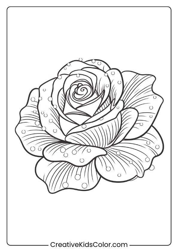 Morning Dew Coloring Page With A Blooming Rose, Capturing Freshness With Detailed Petals And Droplets.