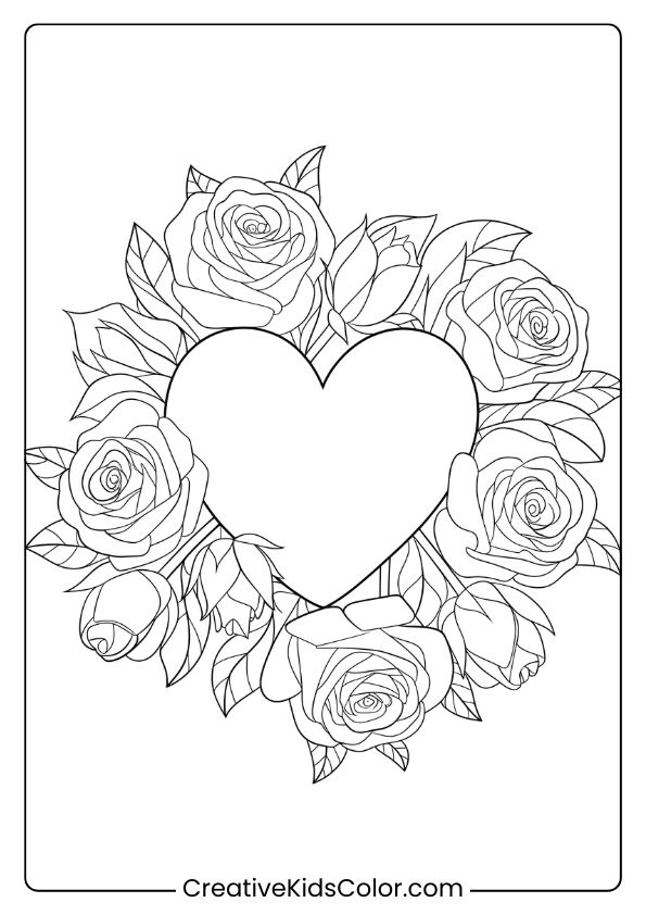Coloring Page Of A Heart Surrounded By Roses In Full Bloom, Ideal For A Classic Floral-Themed Coloring Experience.