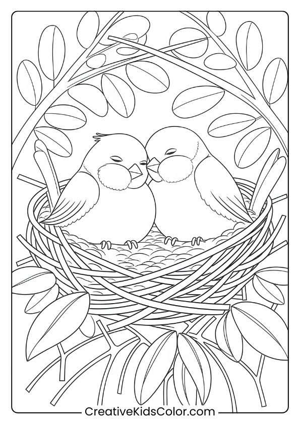 Birds In A Cozy Nest, Ideal For A Cute And Family-Themed Bird Coloring Page For Children.