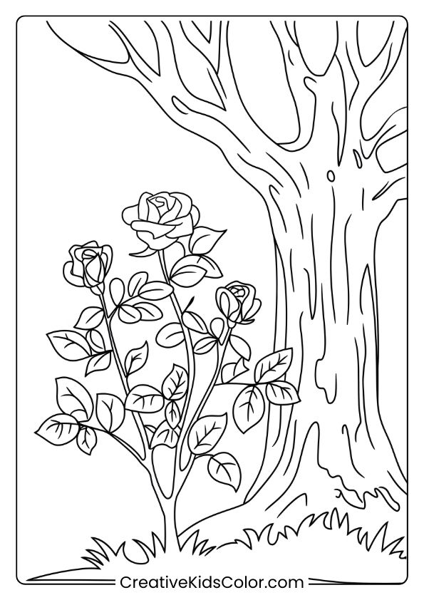 Rose Bush Coloring Page By An Old Tree, Showing A Serene Nature Scene With Detailed Flowers And Leaves.