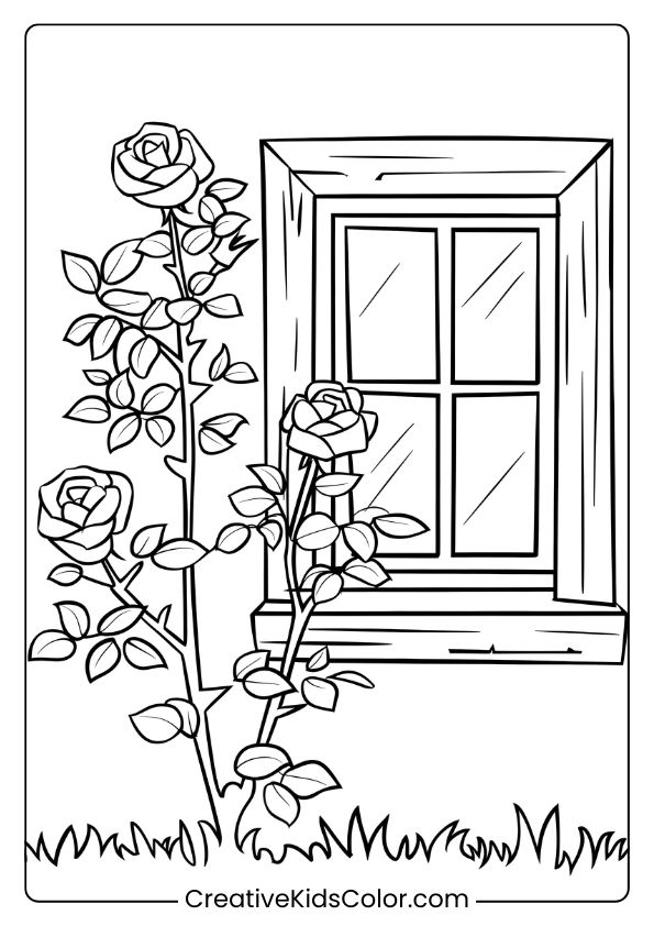 Coloring Page Of A Rose Bush By A Cottage Window, Blending Floral Beauty With Rustic Home Appeal.