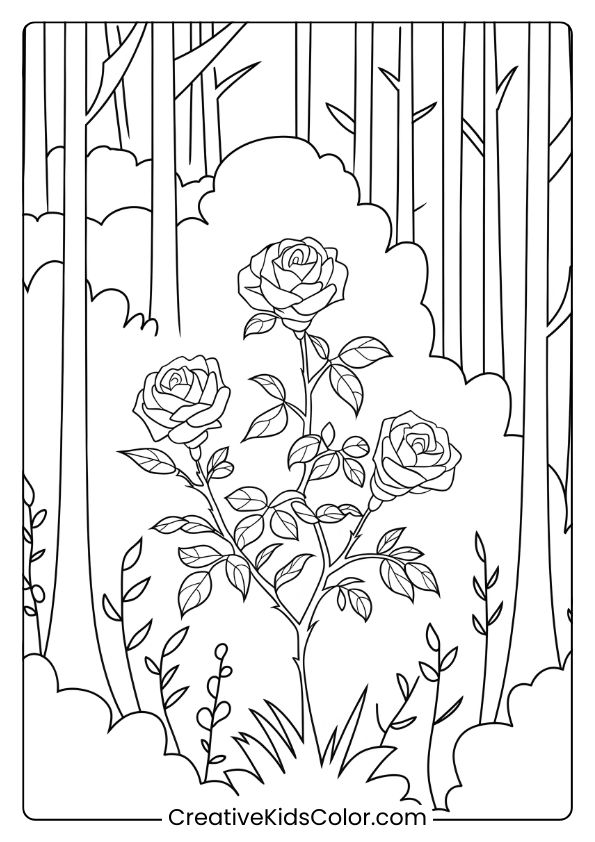 Forest-Themed Coloring Page Of A Rose Bush Among Trees, Blending Natural Beauty With Serene Surroundings.