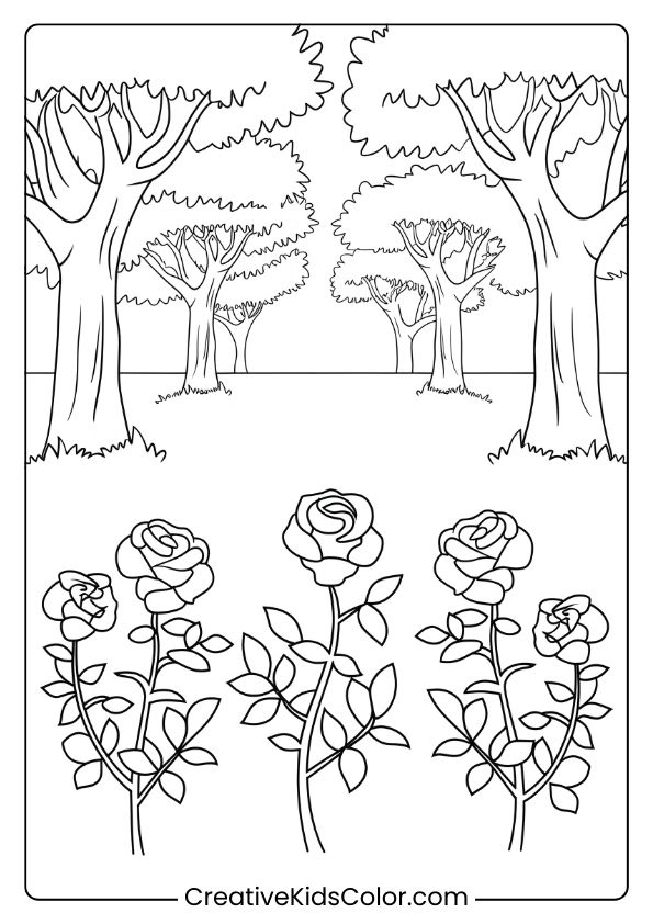 Coloring Page Of A Rose Garden With Tall Trees, Perfect For Capturing Nature’s Quiet Beauty In A Forest Scene.
