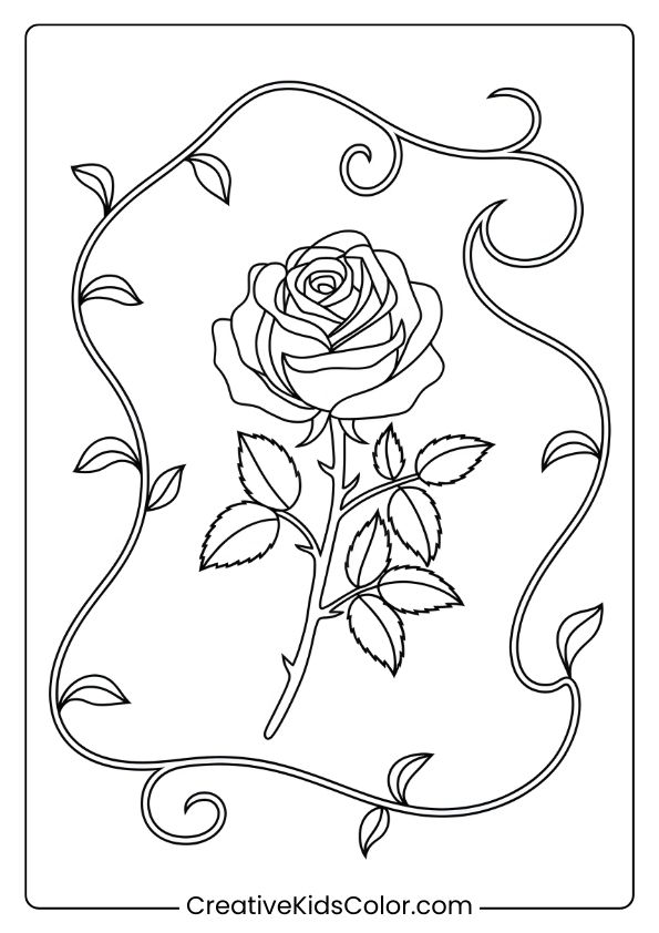 Coloring Page Of A Rose Encircled By Vines, Showcasing A Balanced, Decorative Floral Pattern For Coloring.