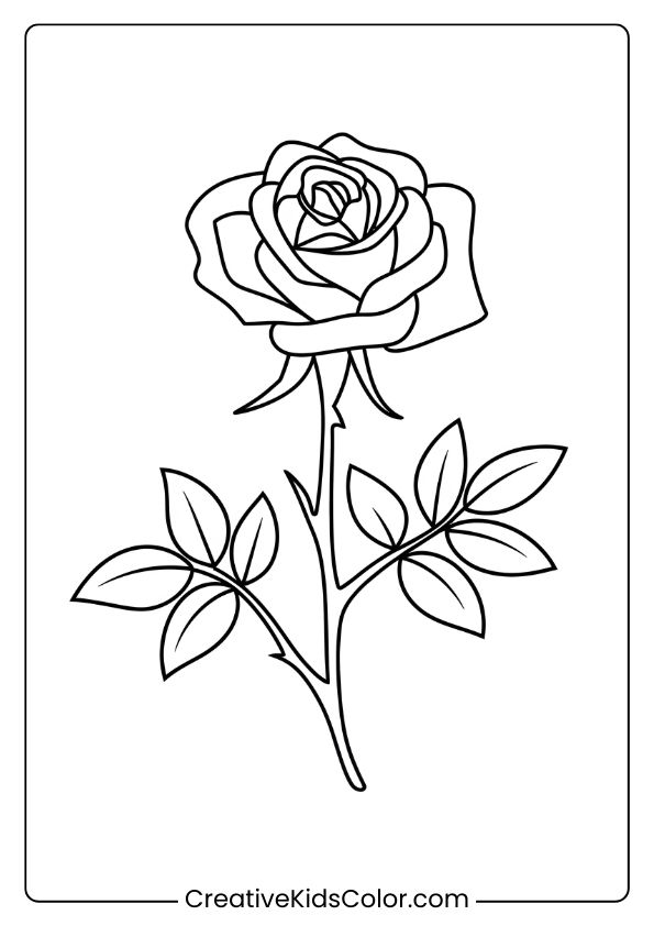 Coloring Page Of A Single Blooming Rose With Layered Petals And A Slender Stem, Perfect For Floral Artistry.
