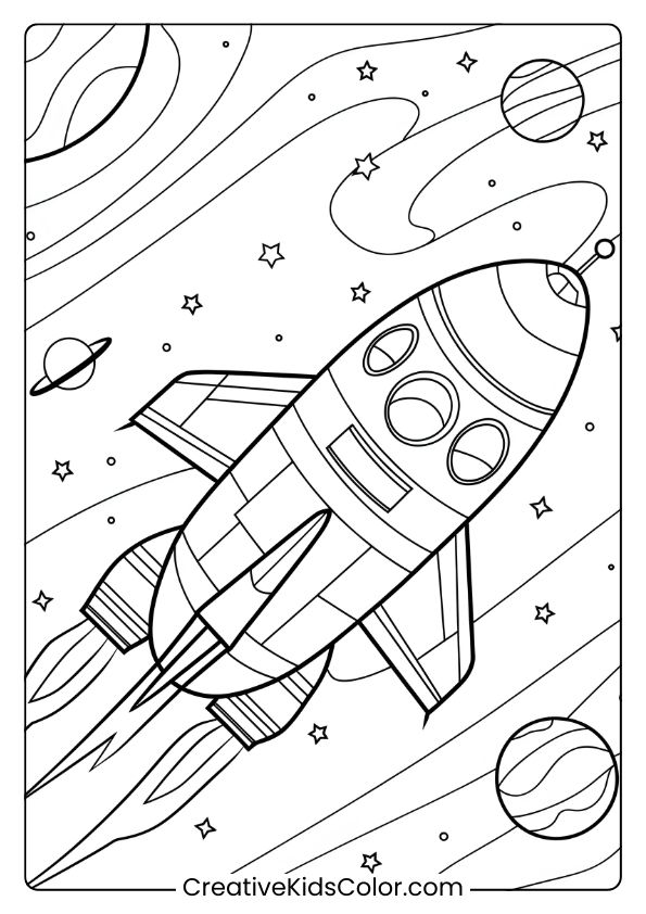 Rocket Ship Coloring Page With A Whimsical Journey Through Space, Featuring Stars And Cosmic Dust For Creative Coloring.