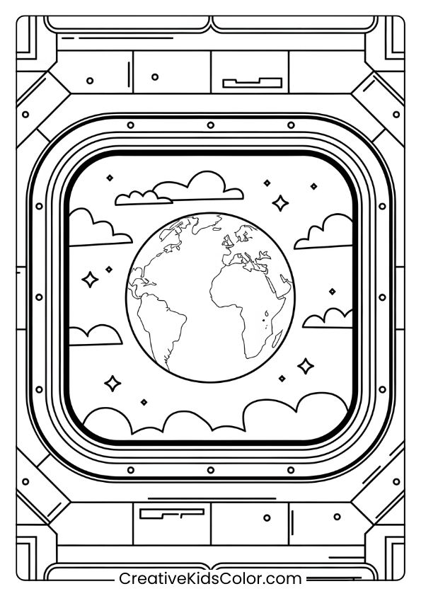 Coloring Page Showing Earth Viewed From Space, Framed By A Spacecraft Window With Stars In The Background.