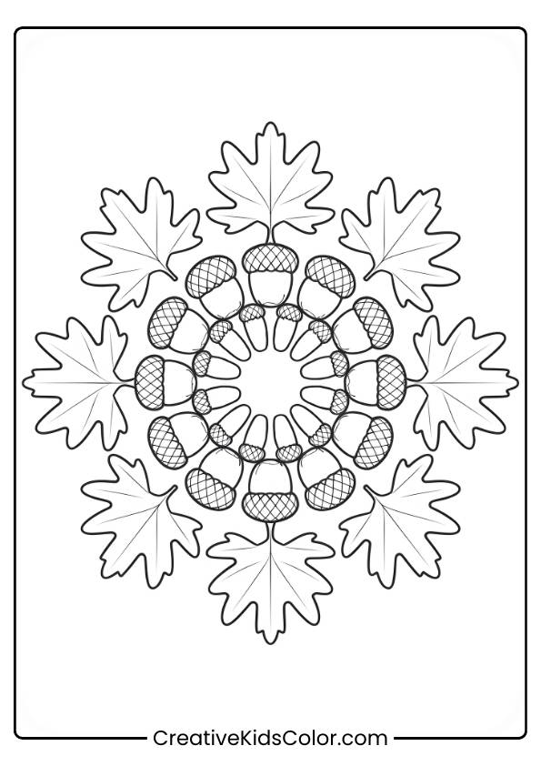 An Intricate Acorn Mandala Surrounded By Autumn Leaves Fills This Detailed Coloring Page.